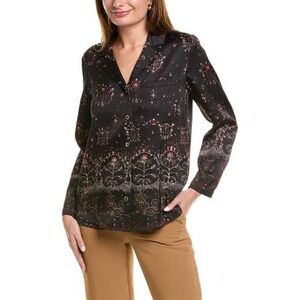 Rebecca Taylor Gossamer Printed Blouse in Black Button Down Satin Top size small